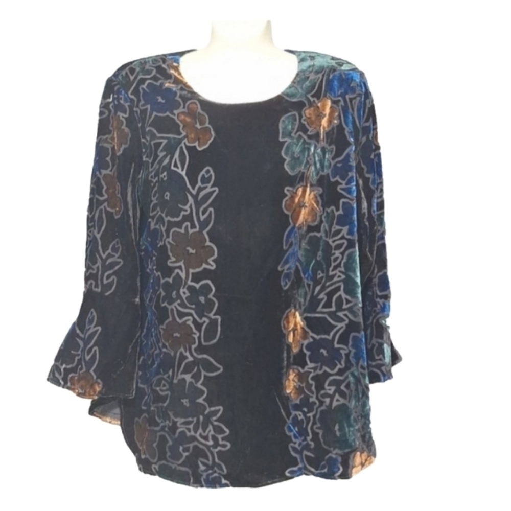 Calvin Klein Top Flocked Iridescent Black Floral Velour